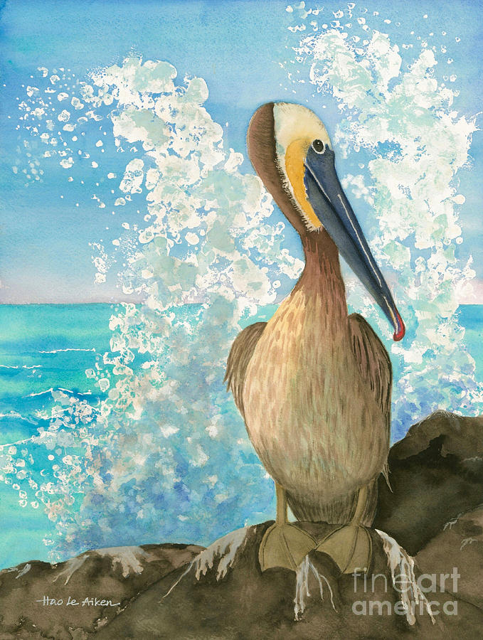679x900 Pelican On The Rocks - Watercolor Pelican