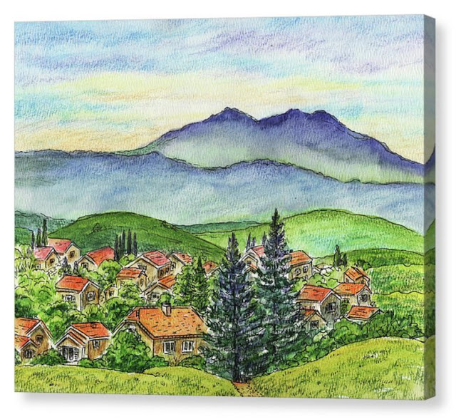 640x588 Irina Sztukowski Small Town In The Mountains - Watercolor Pencil Landscape