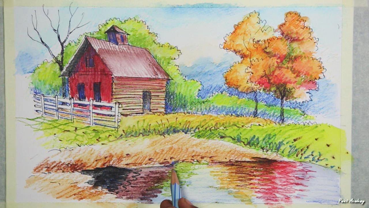 1280x720 Ink Amp Watercolor Pencil Painting Painting Autumn Trees Amp House - Watercolor Pencil Landscape