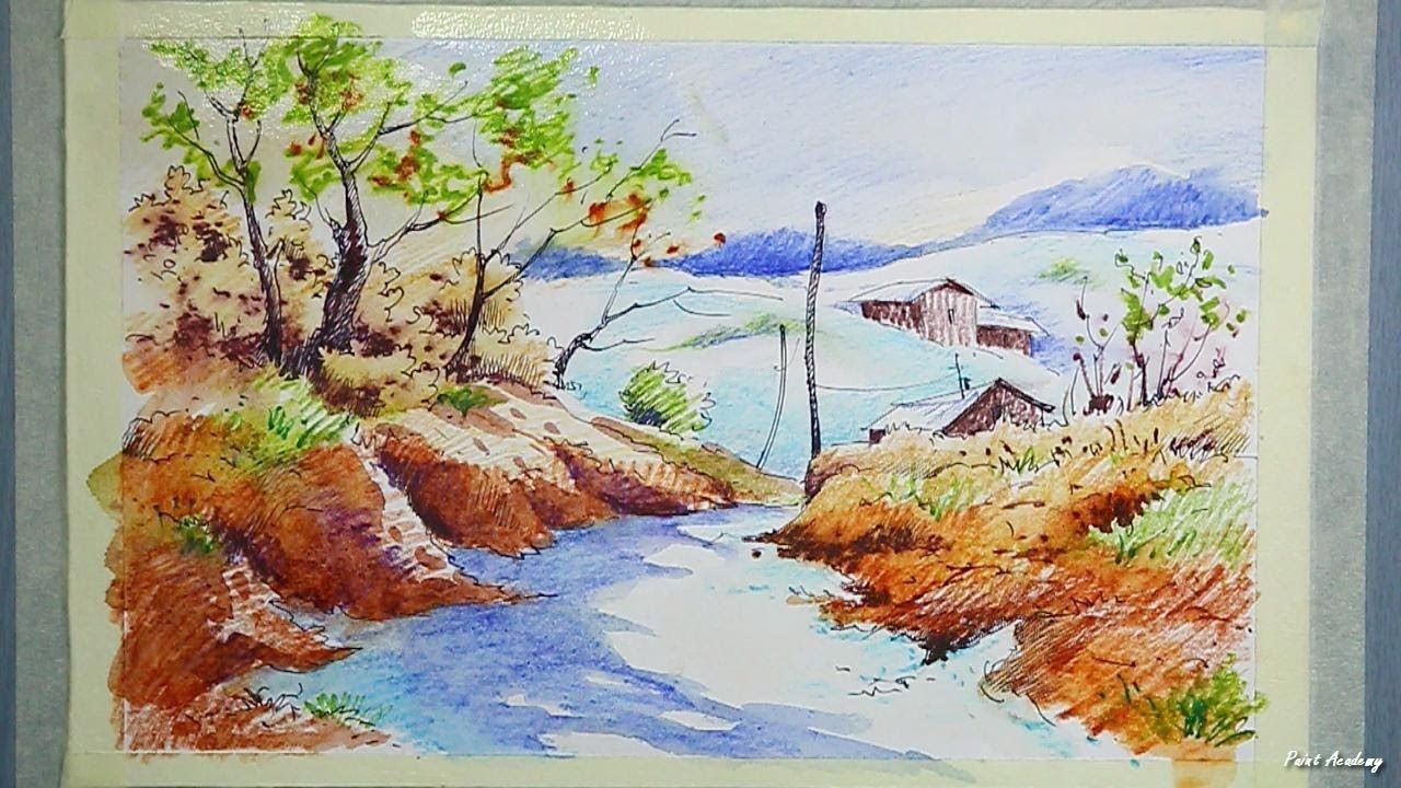 1280x720 Watercolor Pencil Scenery Painting Tutorial - Watercolor Pencil Landscape