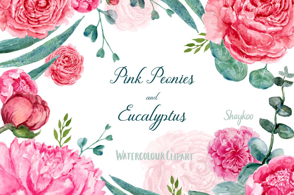 1000x666 Watercolor Peonies And Eucalyptus Clipart, Hand Painted Watercolor - Watercolor Peony Clipart