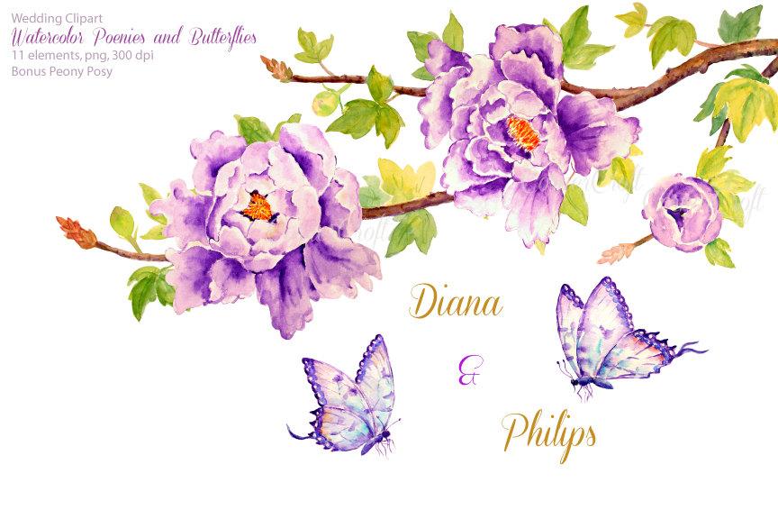 864x576 Watercolor Purple Peony, Blue Butterfly And Tree Branch Printable - Watercolor Peony Clipart