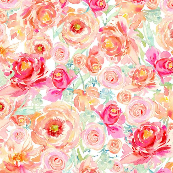 600x600 Raspberry Peach Peony Watercolor Fabric - Watercolor Peony Fabric