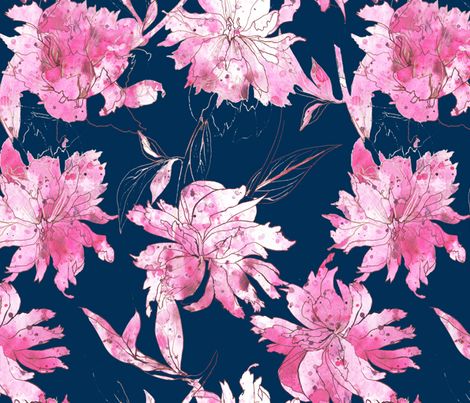 470x403 Peonies Ink Drawing And Watercolor Fabric By Katarina On - Watercolor Peony Fabric