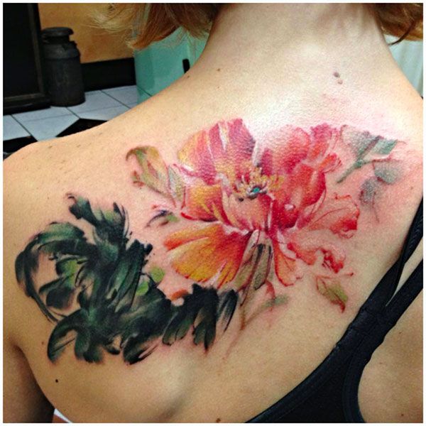 600x600 Watercolor Peony Flowers Tattoo On Women Upper Back - Watercolor Peony Tattoo