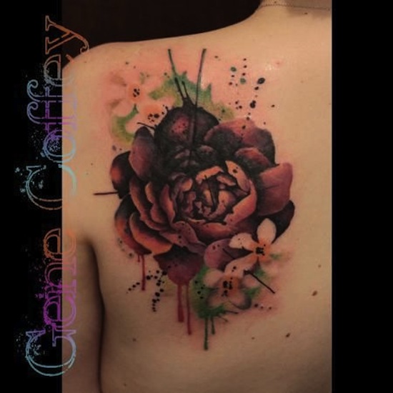 550x550 Abstract Watercolor Peony Flower Tattoo On Left Back Shoulder - Watercolor Peony Tattoo