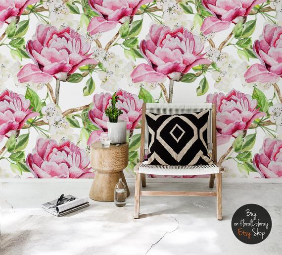 570x514 Pink Watercolor Peonies Wallpaper Beautiful Floral Wall Etsy - Watercolor Peony Wallpaper