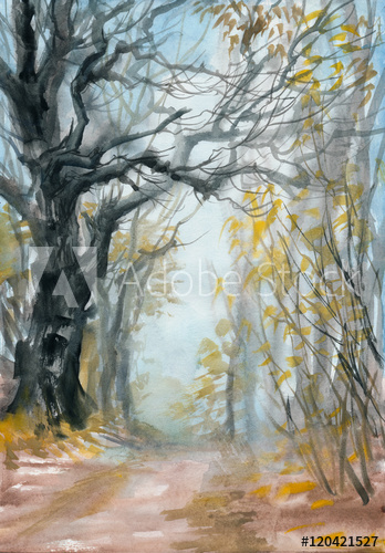 348x500 Autumn Misty Forest With A Path And Wet Air Perspective. Original - Watercolor Perspective