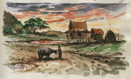 450x271 Drawing And Watercolor Of A Man And A Cow On A Farm In Manila In - Watercolor Philippines