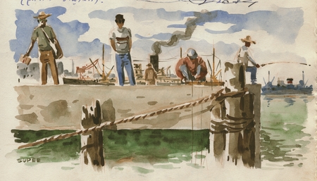 450x257 Drawing And Watercolor Of Men On A Pier In Manila In The - Watercolor Philippines