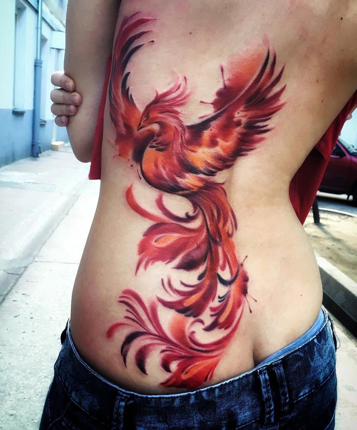 700x842 Watercolor Phoenix On Girls Back Best Tattoo Design Ideas - Watercolor Phoenix