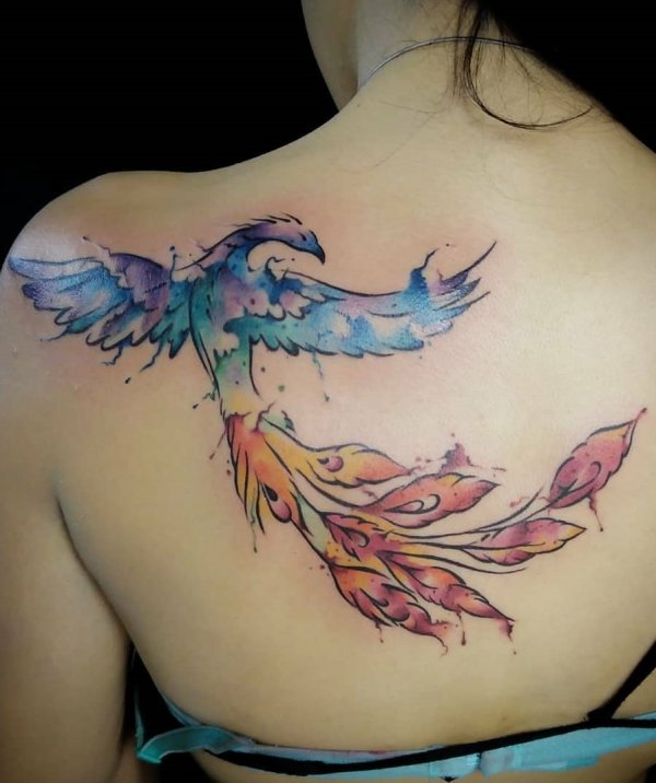 600x716 Watercolor Phoenix Tattoo Start From Shoulder To Back - Watercolor Phoenix