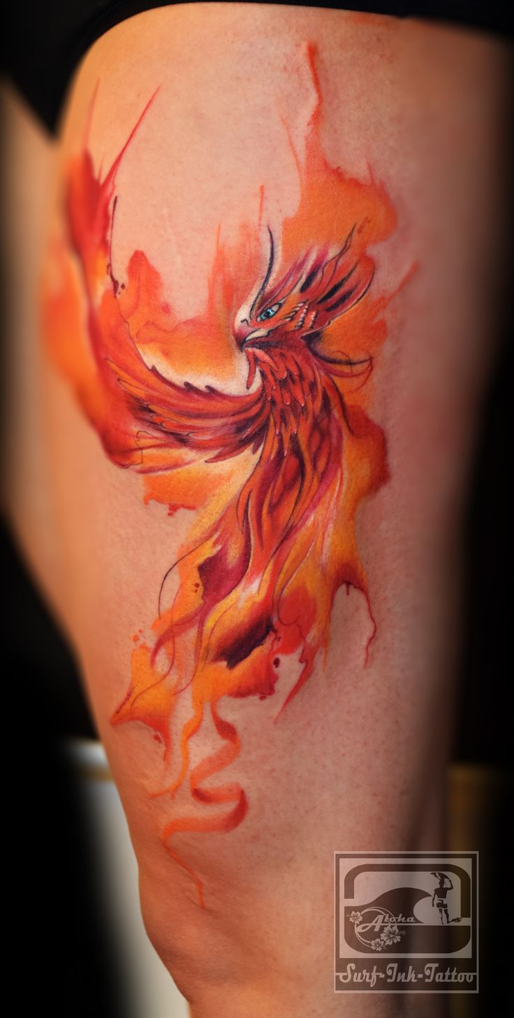 736x1457 Orange Watercolor Phoenix Tattoo On Thigh - Watercolor Phoenix Tattoo