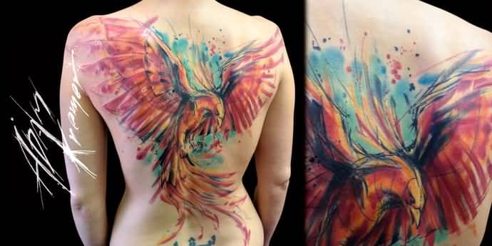 690x345 Watercolor And Nice One More Flying Girl Back Phoenix Tattoo - Watercolor Phoenix Tattoo