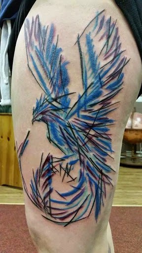 288x512 Watercolor Blue Phoenix Tattoo On Left Thigh - Watercolor Phoenix Tattoo