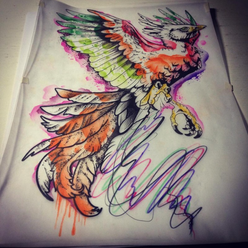 800x800 Beautiful Black Contour Phoenix With Rainbow Watercolor Effect - Watercolor Phoenix Tattoo