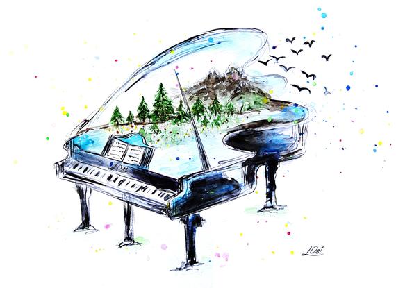570x415 Watercolor Piano With Nature Print Of My Original Painting Etsy - Watercolor Piano