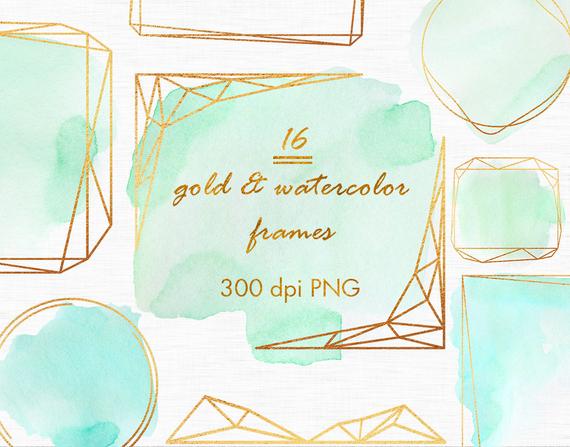 570x447 Gold And Mint Watercolor Frames Mint Green Frames Gold Etsy - Watercolor Picture Frames