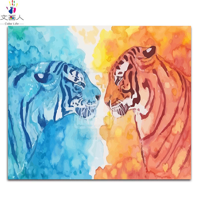 640x640 Watercolor Animals Ice And Fire Tiger Diy Digital Oil Painting By - Watercolor Pictures Of Animals