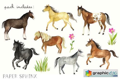 500x333 Watercolor Horses Clipart Pack Free Download Vector Stock Image - Watercolor Pictures Of Horses