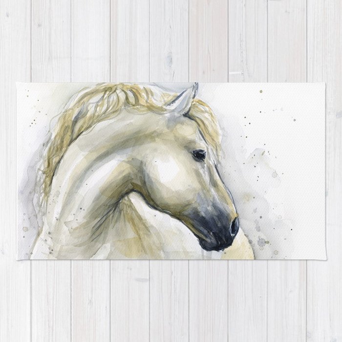 700x700 White Horse Watercolor Painting Animal Horses Rug By Olechka - Watercolor Pictures Of Horses