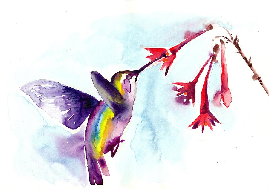 900x633 Hummingbird In Red Flowers Watercolor Painting By Tiberiu Soos - Watercolor Pictures Of Hummingbirds