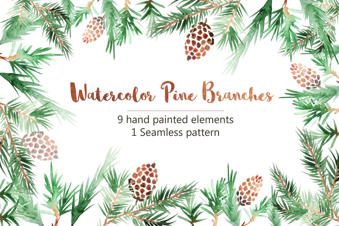 1158x772 Watercolor Pine Branches Set - Watercolor Pine Branch
