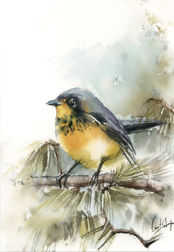570x826 Yellow Bird Original Watercolor Painting, Bird On A Pine Branch - Watercolor Pine Branch