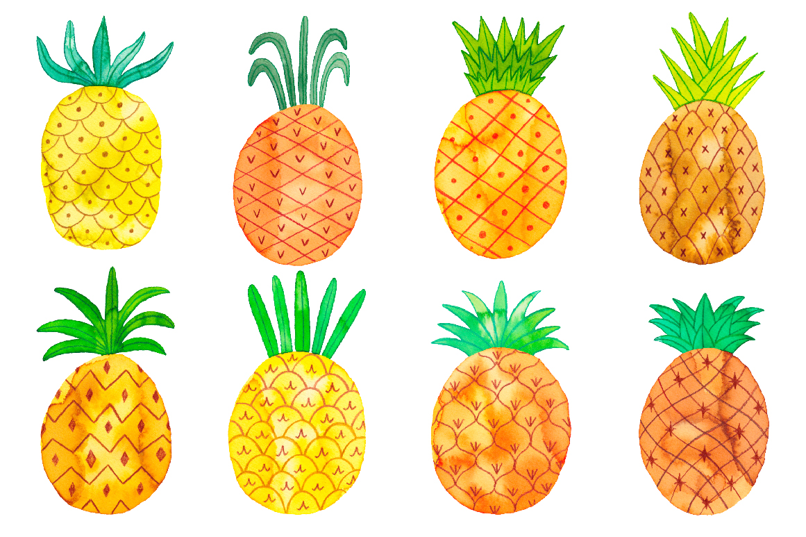 1161x773 Watercolor Pineapple Set In Illustrations On Yellow Images - Watercolor Pineapple