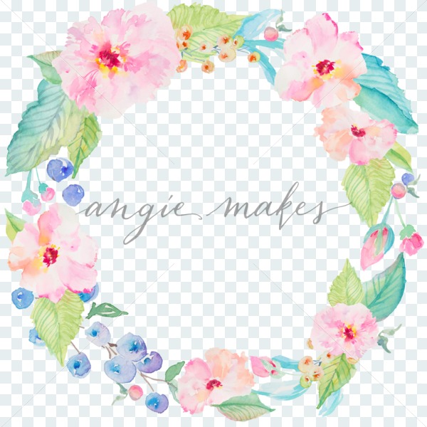 600x600 Watercolor Pink Flowers And Blueberry Wreath Background - Watercolor Pink Flowers
