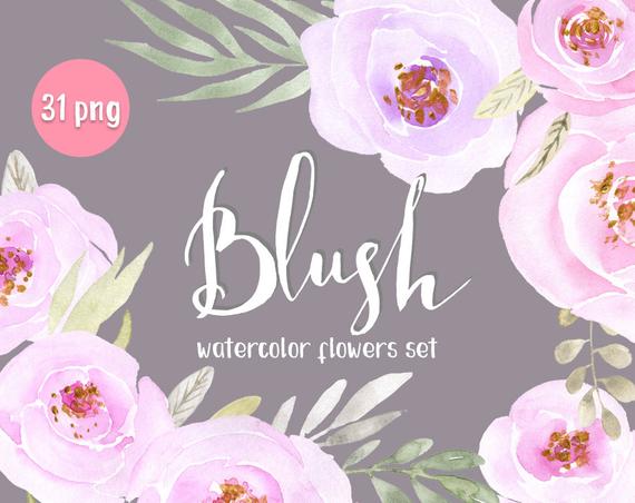 570x452 Watercolor Floral Clipart 31 Pink Flowers Purple Red Blush Etsy - Watercolor Pink Flowers
