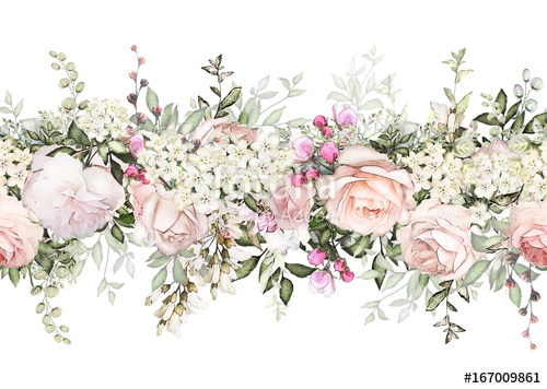 500x356 Isolated Seamless Border With Pink Flowers, Leaves. Vintage - Watercolor Pink Flowers