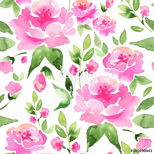 500x500 Floral Seamless Pattern. Watercolor Background With Pink Flowers - Watercolor Pink Flowers