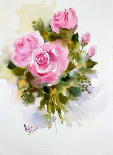 375x511 Pink Roses Watercolor Painting Painting By Asudhaker S Saatchi Art - Watercolor Pink Roses