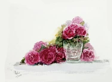 375x275 Saatchi Art A Vase Of Pink Roses Watercolor Painting Painting By - Watercolor Pink Roses