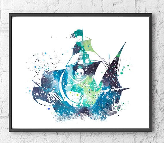 570x499 Pirate Ship Watercolor Print Pirates Of The By Gingerkidsart - Watercolor Pirate Ship