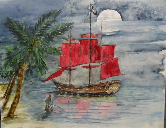570x442 Pirate Ship Painting Original Watercolor - Watercolor Pirate Ship