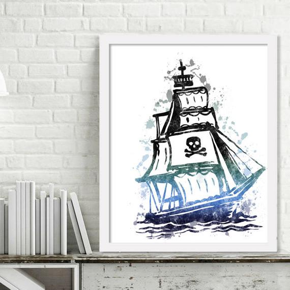 570x570 Printable Pirate Ship Wall Art Pirate Print Watercolor Kids Etsy - Watercolor Pirate Ship