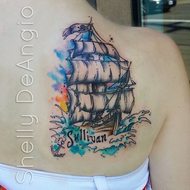 640x640 Watercolor Pirate Ship Tattoo On Upper Back - Watercolor Pirate Ship