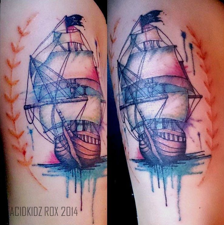 738x743 Roxiehart666 Acidkidz Tattoo Watercolor Pirate Ship Tattoo - Watercolor Pirate Ship