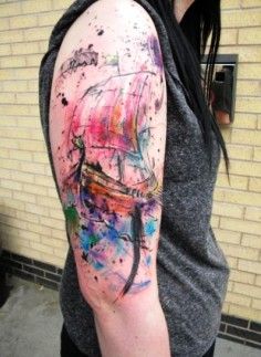 236x323 Watercolor Pirate Ship Tattoos, Arm Tattoos, Watercolor Tattoos - Watercolor Pirate Ship