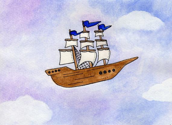 570x416 Flying Pirate Ship Watercolor Print On Canvas Etsy - Watercolor Pirate Ship