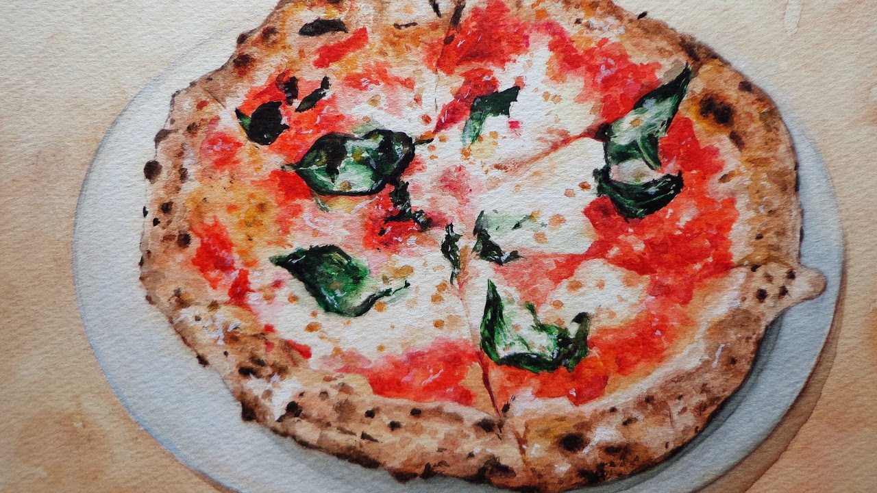 1280x720 Watercolor Painting Pizza Margherita - Watercolor Pizza