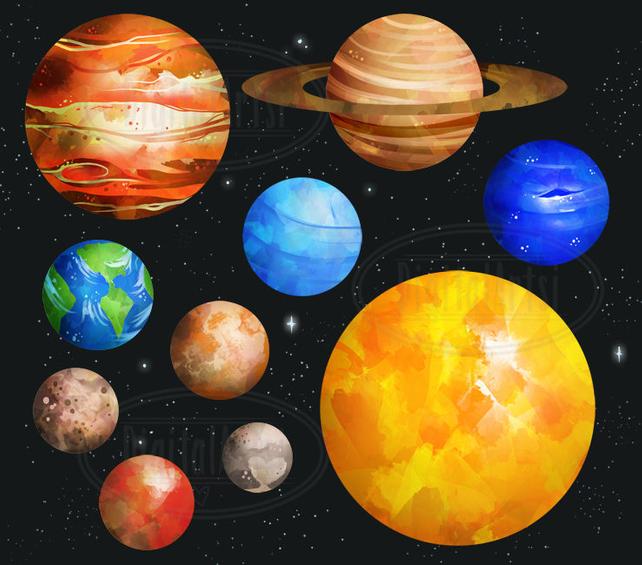 642x565 Watercolor Planets Clipart Solar System Download Instant Etsy - Watercolor Planets