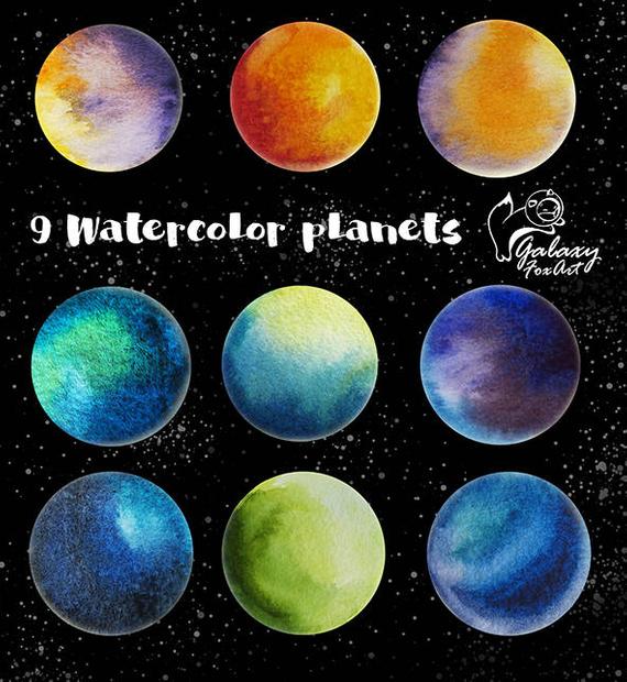570x620 Watercolor Planets 9 Watercolor Elements Planets Clipart Etsy - Watercolor Planets