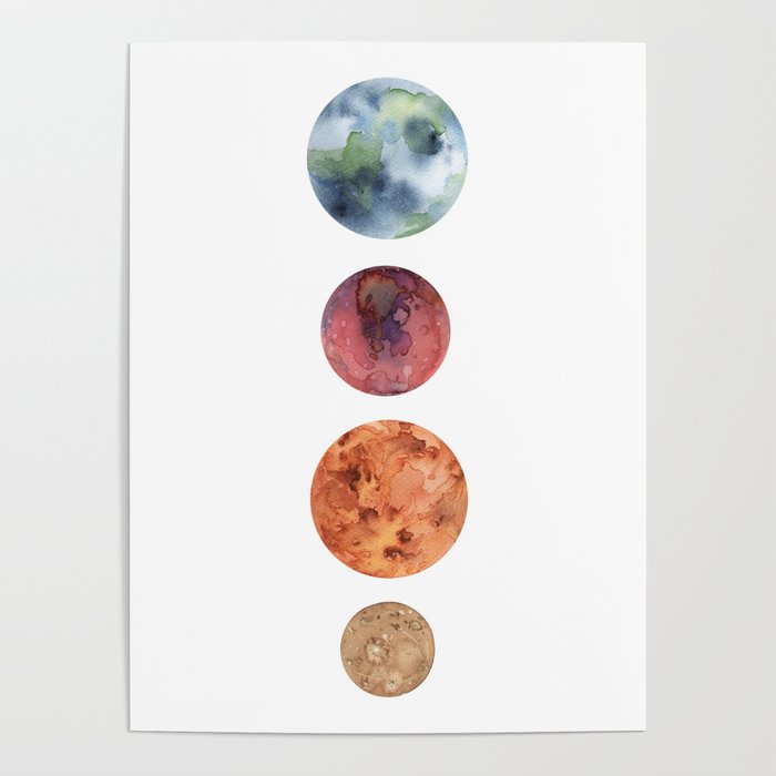 700x700 Watercolor Planets Mercury, Mars, Earth, Venus Poster By - Watercolor Planets