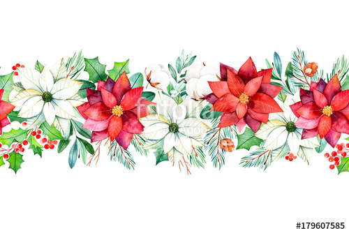 500x334 Christmas Collection.winter Seamless Repeat Floral Border With - Watercolor Poinsettia Flower