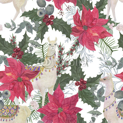 400x400 Christmas Seamless Pattern With Watercolor Painting Llamas And Red - Watercolor Poinsettia Flower