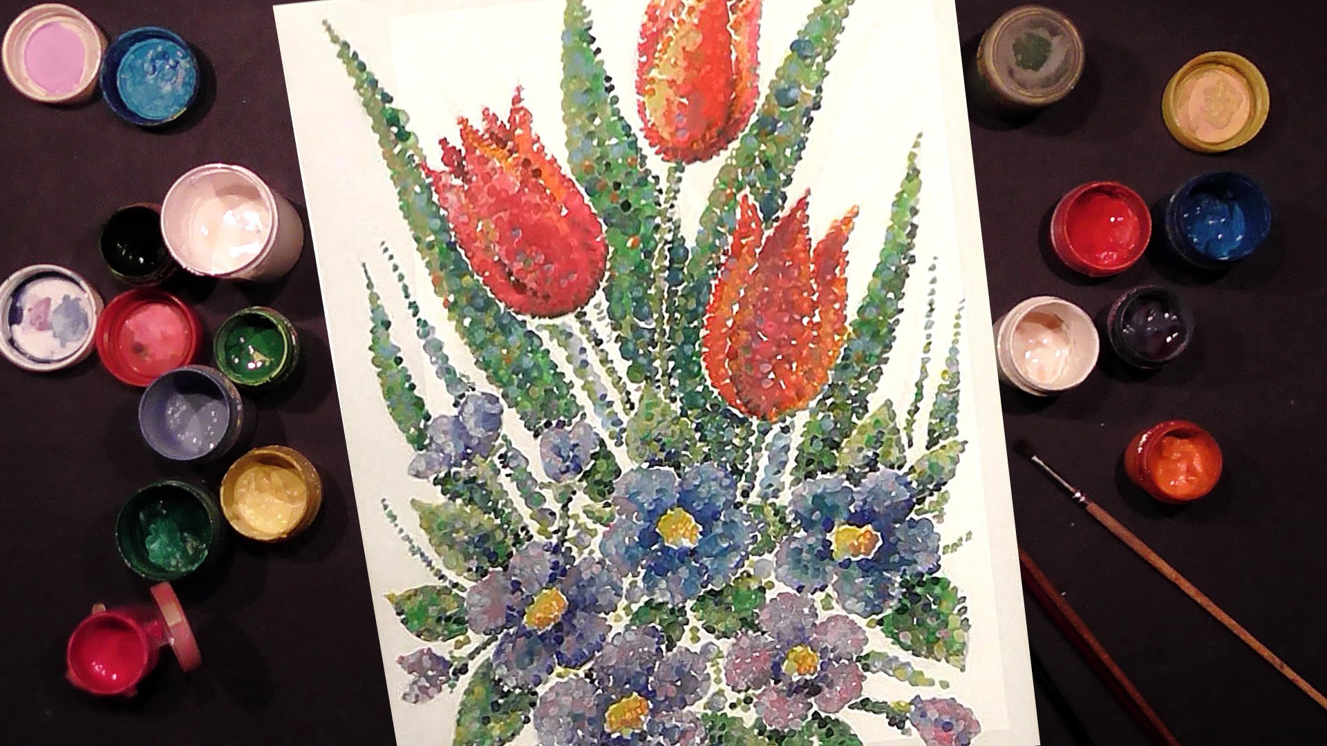1920x1080 Speed Painting Tulips And Violets Technique Pointillism - Watercolor Pointillism