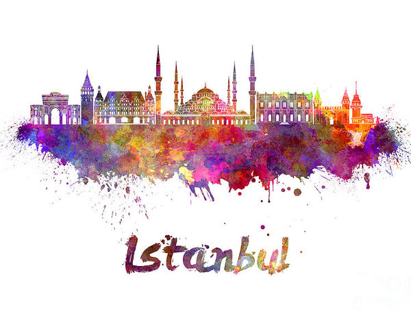 600x480 Istanbul Skyline In Watercolor Poster By Pablo Romero - Watercolor Poster